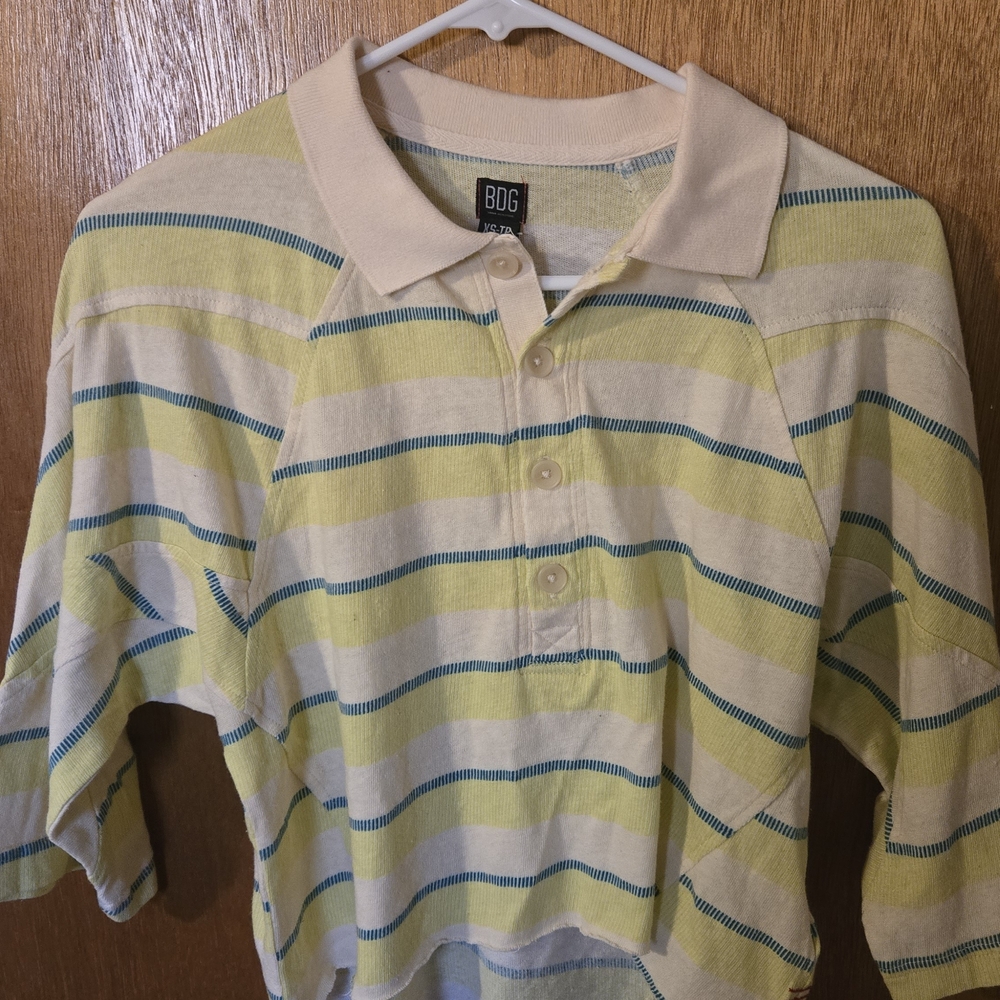BDG Striped Polo Shirt in Cream, Yellow & Blue